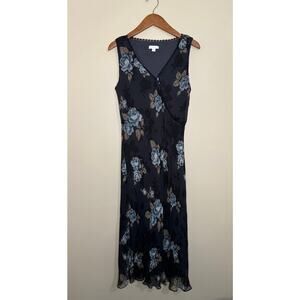Charter Club Silk Dress Women's 10 Black  Blue Floral Print Sleeveless Long Y2K